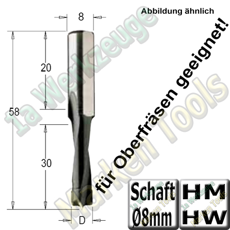 5mm HW HM Dübelbohrer Dübelochbohrer Ø 5mm x30x57mm Schaft 8mm für Oberfräsen geeignet