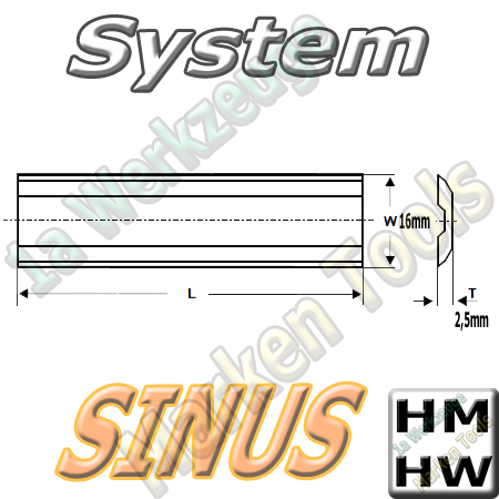 Sinus Hobelmesser 220mm x16.0x2.5mm HM HW 2 Stck.