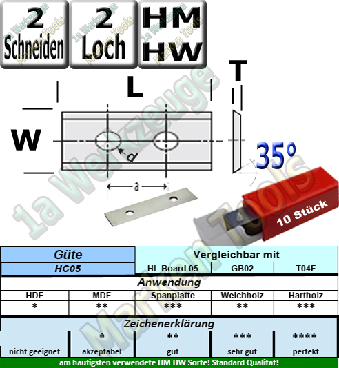 HM HW Wendeplatten Wendemesser 30 x 12 x 1.5 Z2 35° 2 Loch 10 Stück T04F-CR
