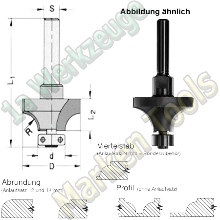 Abrundfräser R4mm Ø20mm HM HW d12mm Kugellager Z2 Schaft 10mm