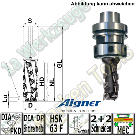 20mm DP PKD Diamant Nutschaftfräser Aigner "Konstantin®-Mini" Z2+2 20x64,9/125mm S25 Rechts incl. Spannfutter