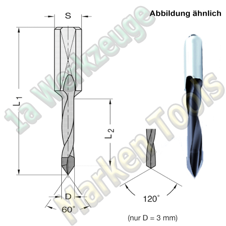 3.mm VHM VHW Dübelbohrer Dübelochbohrer Ø 3mm x27x57,5mm VHW-Spiralteil Schaft 10mm  L.