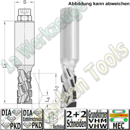 12mm DP Dia Schaftfräser Ø12mm x 24mm x 70mm JSO DIATEC-Pro DUO Z2+2 DP Einbohrschneide S=12mm
