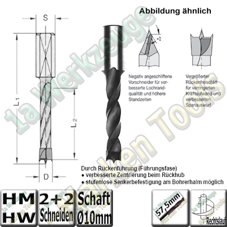 12mm HW HM Dübelboher Ø 12mm x30x57,5mm Z2+V2 m.Rückenführung Schaft 10mm