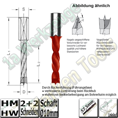 10mm HW HM Dübelboher Ø 10mm x30x57,5mm Z2+V2 m.Rückenführung Schaft 10mm L.