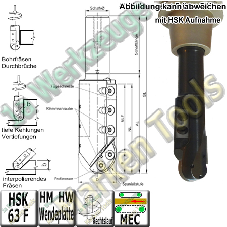 Wendeplatten Hohlkehl / Fügeschaftfräser R=10mm Ø20x43/83x130 S=20x55mm HSK63FZ1+1